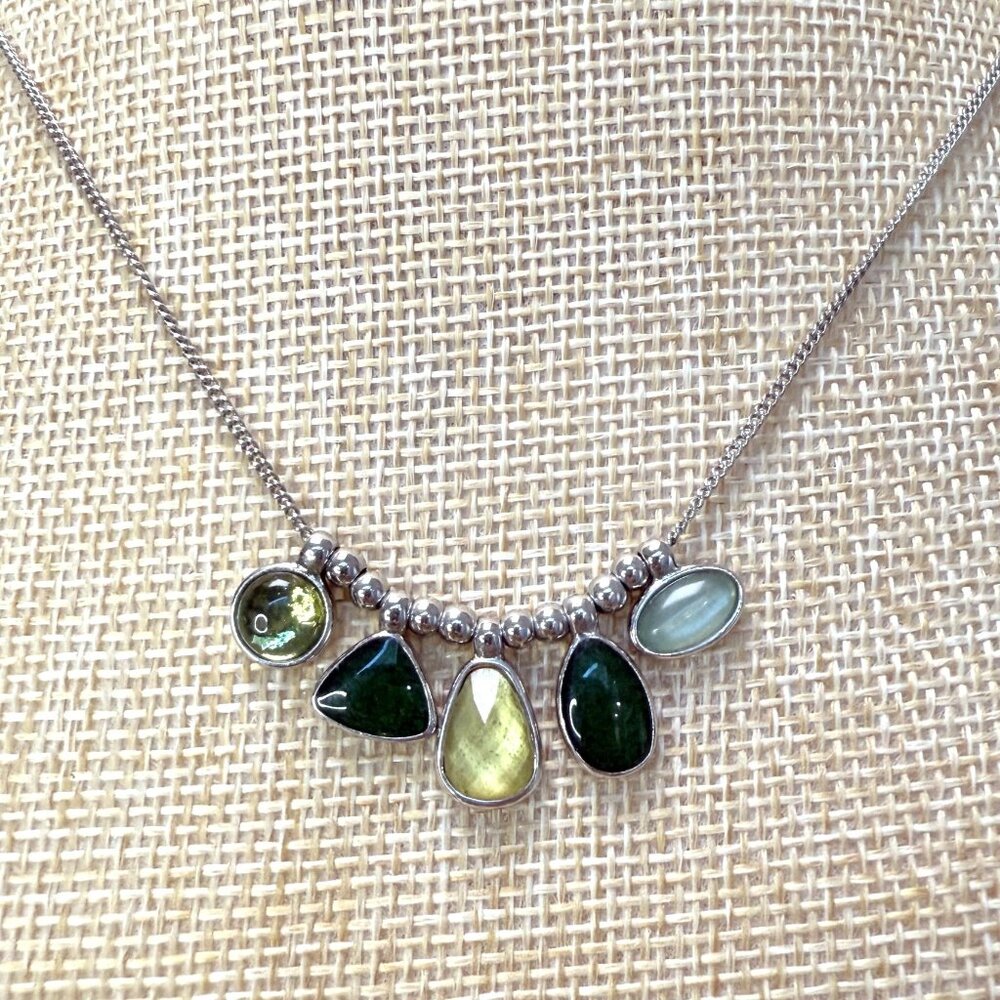 Lia Sophia Silver Tone Necklace W/ Green & Yellow Gemstone‎ Charms Adjustable